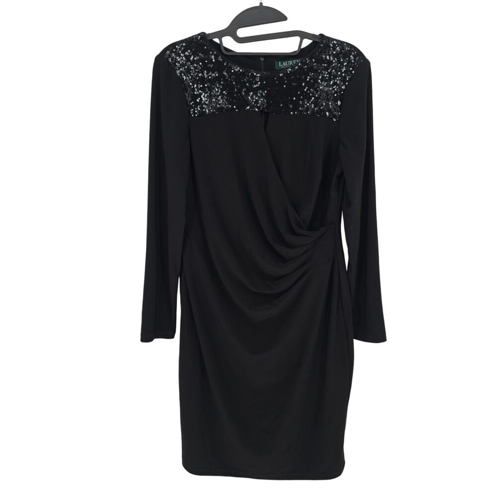 Lauren Ralph Lauren Black Sequin Long Sleeve Gathered Knee Length Cocktail Dress